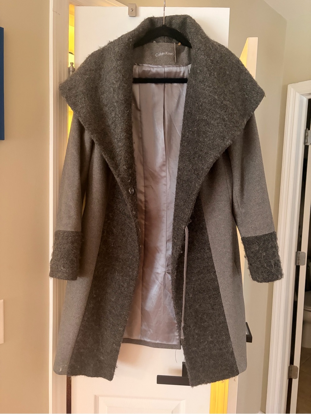 Calvin Klein Two-Tone Gray Wool Blend Shawl Collar Coat